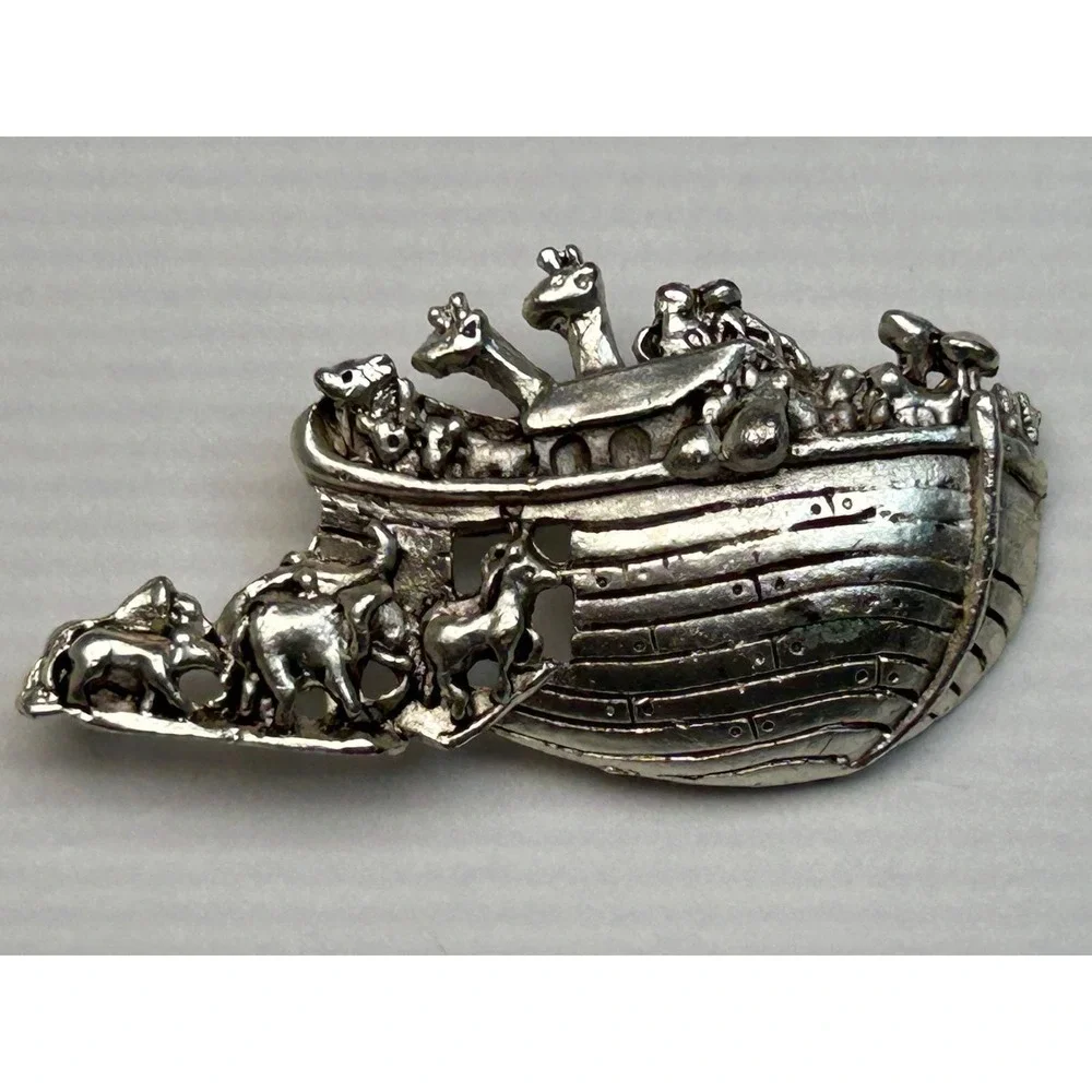 Silver Tone Noahs Ark‎ Brooch Pin Animals Giraffe Elephant Made USA